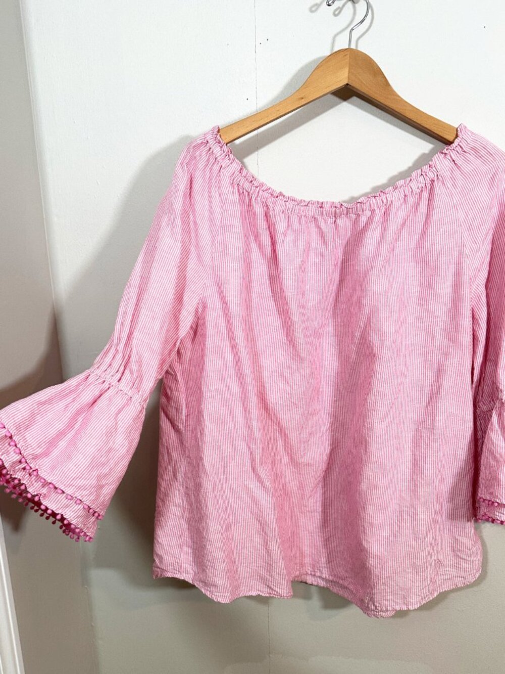 Talbots Linen Blend Peasant Top XL Pink Stripe Off Shoulder Coastal Beach - Picture 4 of 9